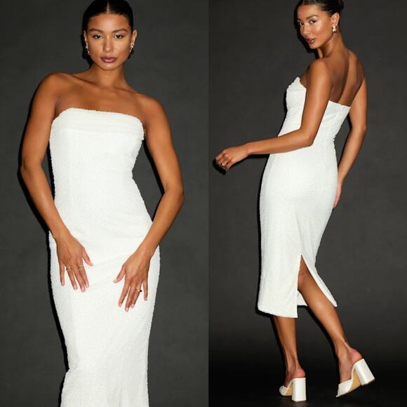 NWT Lulus Catriona White Beaded Cowl Neck Strapless Midi Dress Intricate Glam M - Picture 1 of 12
